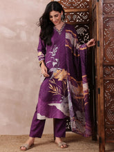 Women Purple Silk Blend Floral Printed Straight Kurta Trouser With Dupatta-PKSKD2536PPL